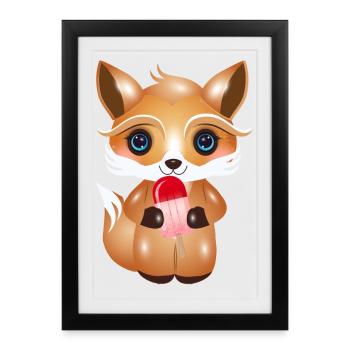 Renard kawaii mignon avec crème glacée rouge sur style - Affiche encadrée (27 × 37 cm) - noir - Devant