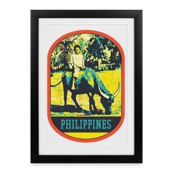 Enfant et Buffle des Rizières aux Philippines - Affiche encadrée (27 × 37 cm) - noir - Devant