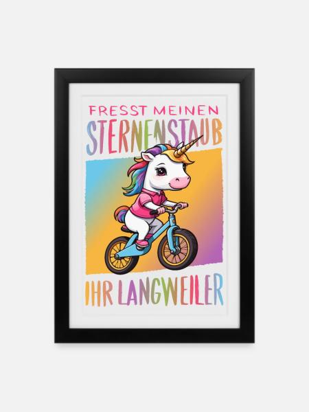 Süßes Einhorn auf Fahrrad - Gerahmtes Poster (27 × 37 cm) - Schwarz