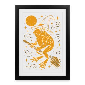 Grenouille sorcière avec chapeau sur balai - Affiche encadrée (27 × 37 cm) - noir - Devant