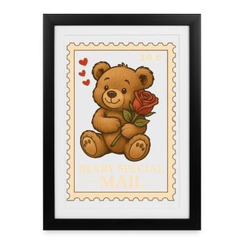 Ours en peluche tampon de la Saint-Valentin avec motif de rose - Affiche encadrée (27 × 37 cm) - noir - Devant