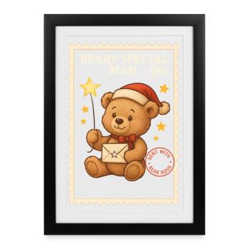 Courrier à baguette en forme de timbre postal de Noël en forme d’ours en peluche - Affiche encadrée (27 × 37 cm) - noir - Devant