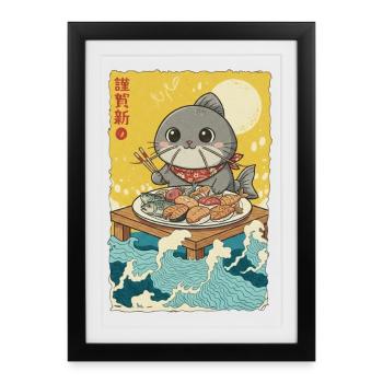 Poissons Chats Kawaii - Affiche encadrée (27 × 37 cm) - noir - Devant