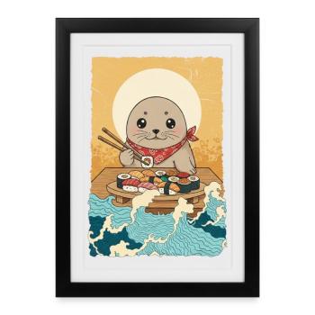 Kawaii Seal North Sea Sushi - Framed poster (27 × 37 cm) - black - Front