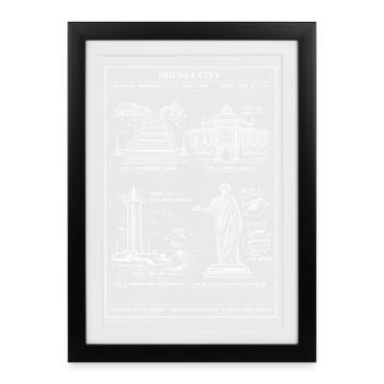 Monuments historiques de la ville d’Odessa au trait - Affiche encadrée (27 × 37 cm) - noir - Devant
