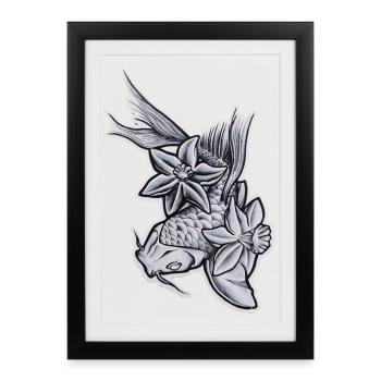 Style de tatouage de tatouage de Koi et de Fleurs - Affiche encadrée (27 × 37 cm) - noir - Devant