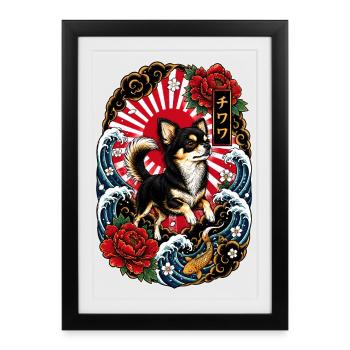 Chihuahua im japanischen Tattoo Style - Gerahmtes Poster (27 × 37 cm) - Schwarz - Vorne