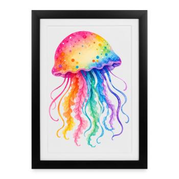 Illustration aquarelle de méduse colorée - Affiche encadrée (27 × 37 cm) - noir - Devant