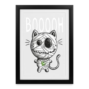 Petit chat momie - Halloween - Cadeau - Affiche encadrée (27 × 37 cm) - noir - Devant