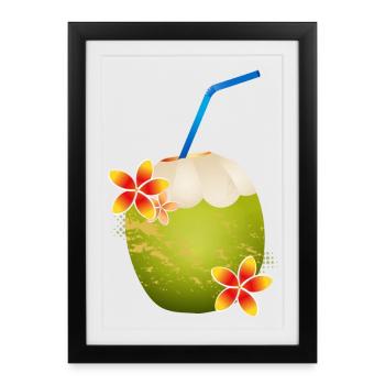 Coconut cocktail decorated with flower & drinking straw - Framed poster (27 × 37 cm) - black - Front