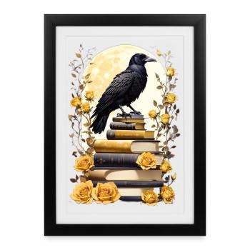 Stack of books with raven - Framed poster (27 × 37 cm) - black - Front