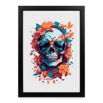 Skull with Sunglasses and Autumn Flowers - Framed poster (27 × 37 cm) - black - Front