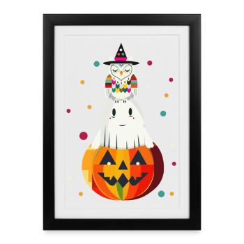 Owl and Ghost on the Pumpkin – Halloween Motif - Framed poster (27 × 37 cm) - black - Front
