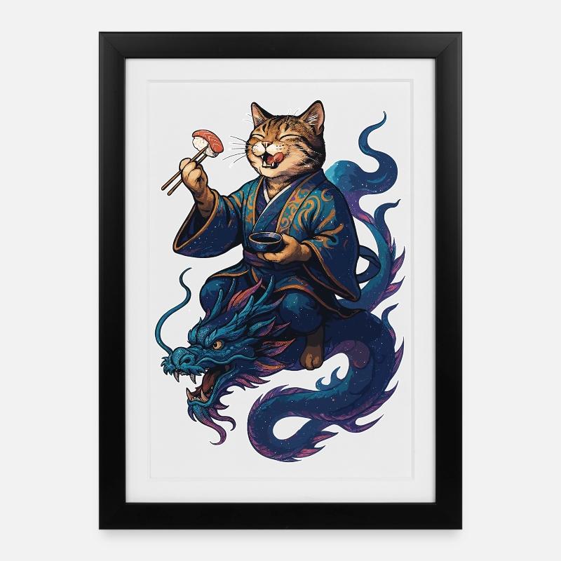 Sushi Katze getigert Kimono Drache Geschenk - Gerahmtes Poster (27 × 37 cm) - Schwarz