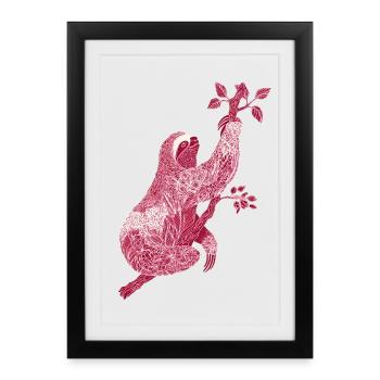 Paresseux avec imprimé floral rouge – Art au trait - Affiche encadrée (27 × 37 cm) - noir - Devant