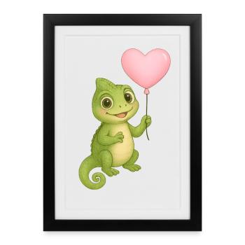 Petit caméléon avec un ballon en forme de cœur - Affiche encadrée (27 × 37 cm) - noir - Devant