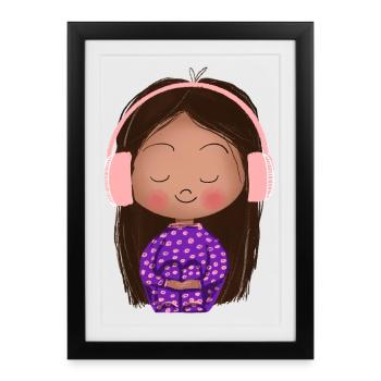Listening girl with pink headphones - Framed poster (27 × 37 cm) - black - Front