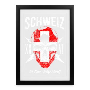SCHWEIZ Fußball Fan Totenkopf Flagge - Gerahmtes Poster (27 × 37 cm) - Schwarz - Vorne