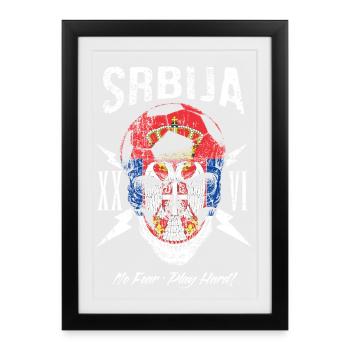SERBIEN Srbija Fußball Fan Totenkopf Flagge - Gerahmtes Poster (27 × 37 cm) - Schwarz - Vorne
