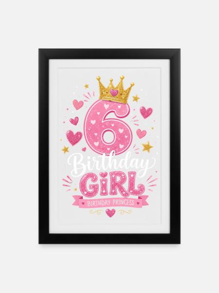 6 Geburtstag Mädchen Glitzer Krone - Gerahmtes Poster (27 × 37 cm) - Schwarz