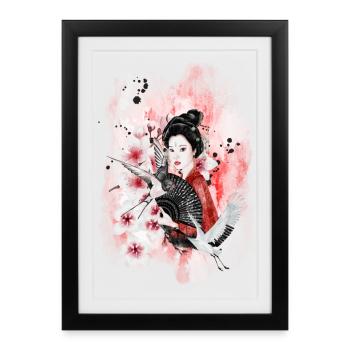 Geisha Sakura Japanese Motif Watercolor - Framed poster (27 × 37 cm) - black - Front