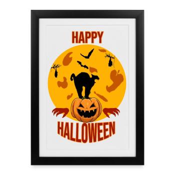 Joyeux Halloween Chat Lune Citrouille - Affiche encadrée (27 × 37 cm) - noir - Devant