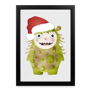 Cheerful green monster celebrating Christmas - Framed poster (27 × 37 cm) - black - Front