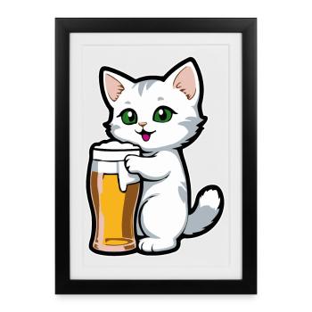 Katze mit Bier - Gerahmtes Poster (27 × 37 cm) - Schwarz - Vorne