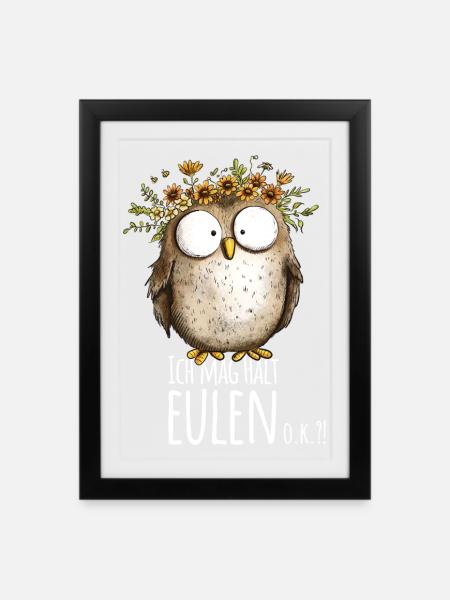 Eule mit Spruch Ich Mag Halt Eulen - Gerahmtes Poster (27 × 37 cm) - Schwarz
