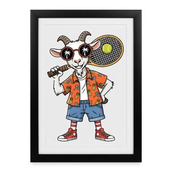 Chèvre de tennis cool avec une raquette, ambiance estivale - Affiche encadrée (27 × 37 cm) - noir - Devant