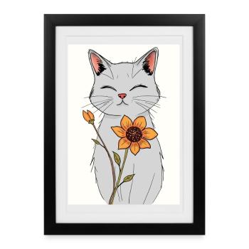 Chat serein au tournesol - Affiche encadrée (27 × 37 cm) - noir - Devant