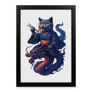 Sushi Cadeau Chat Chat Court-Chat Bleu Dragon, Sushi - Affiche encadrée (27 × 37 cm) - noir - Devant
