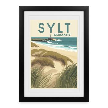 Sylt Germany | Affiche vintage de voyage sur la plage - Affiche encadrée (27 × 37 cm) - noir - Devant