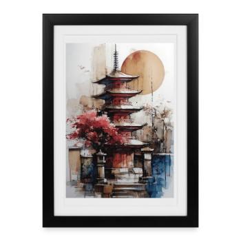 Zen Sun Watercolor Pagoda - Framed poster (27 × 37 cm) - black - Front