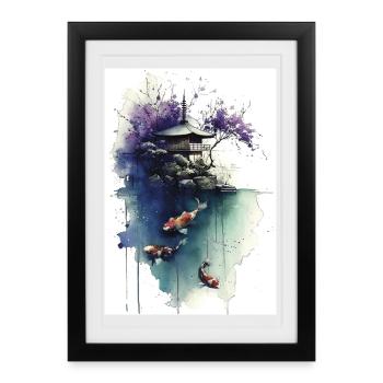 Watercolor Koi and Cherry Pagoda - Framed poster (27 × 37 cm) - black - Front
