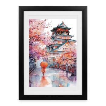 Pagode japonaise et cerisiers en fleurs - Affiche encadrée (27 × 37 cm) - noir - Devant