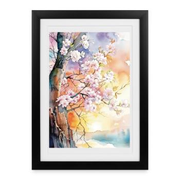Cerisiers en Aube Watercolor - Affiche encadrée (27 × 37 cm) - noir - Devant