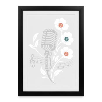 Microphone vintage – Motif musique et fleurs - Affiche encadrée (27 × 37 cm) - noir - Devant
