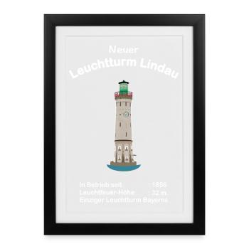 Lindau, Neuer Leuchtturm, Bodensee, Zeichnung - Gerahmtes Poster (27 × 37 cm) - Schwarz - Vorne