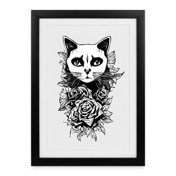 Dessin Gothique | Fleurs Et Chat - Affiche encadrée (27 × 37 cm) - noir - Devant