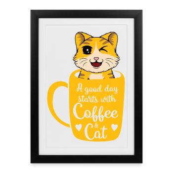 Bonjour café chat - Affiche encadrée (27 × 37 cm) - noir - Devant