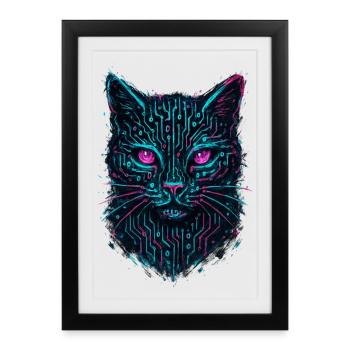 Chat Cyberpunk Circuit Board Techwear Neon - Affiche encadrée (27 × 37 cm) - noir - Devant