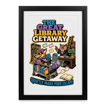 The Great Library Getaway – Bücher Humor - Gerahmtes Poster (27 × 37 cm) - Schwarz - Vorne