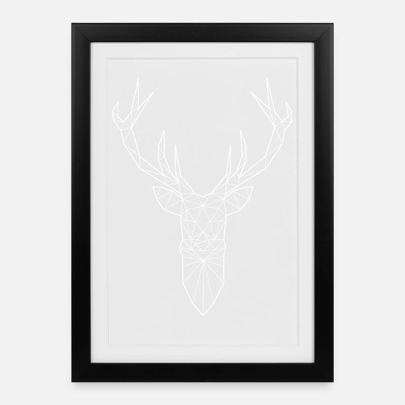 Tête de cerf dans le design triangle (blanc) - Affiche encadrée (27 × 37 cm) - noir