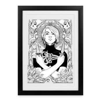 Woman with daggers, skulls and dahlias - Framed poster (27 × 37 cm) - black - Front
