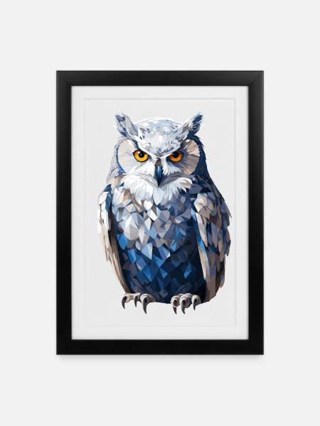 Schnee - Eule im Polygon Stil - Gerahmtes Poster (27 × 37 cm) - Schwarz