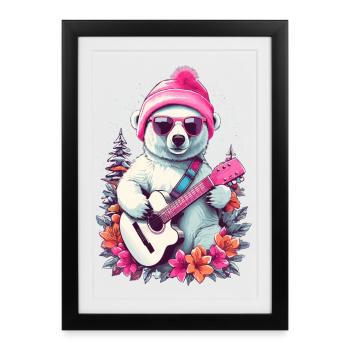 Ours polaire mignon avec guitare - Affiche encadrée (27 × 37 cm) - noir - Devant