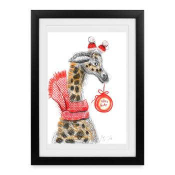Fröhlicher Giraffe Weihnachtsgruß - Gerahmtes Poster (27 × 37 cm) - Schwarz - Vorne