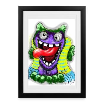 Bunter Cartoon Monster mit Riesenzunge - Gerahmtes Poster (27 × 37 cm) - Schwarz - Vorne