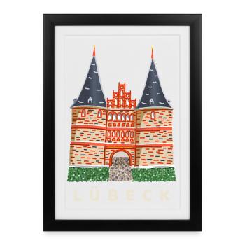 Site du patrimoine mondial de Lübeck Holstentor, Allemagne du Nord - Affiche encadrée (27 × 37 cm) - noir - Devant
